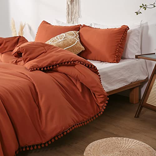 Smoofy Pom Fringe Comforter Set Twin Size Burnt Orange Boho Chic Cute Ball Pom Bedding Set Cali Soft Warm Vintage Lightweight Solid Comforter 2 Pieces (1 Pom Comforter, Only 1 Pillowcase) #TOP2