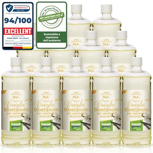 KieselGreen Bioethanolo 12 x 1 litro con Fragranza per Caminetto a Etanolo – Bio-etanolo profumato per Ambienti, molte Fragranze - Profumo per Caminetto a bioetanolo da Interno o da Tavolo