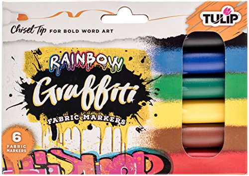 Tulip Graffiti Fabric Markers Chisel Tip 6pk, Rainbow, Premium Quality Ink, Permanent, Child Safe, for Fabric Painting, Drawing, Coloring, Writing on Clothes