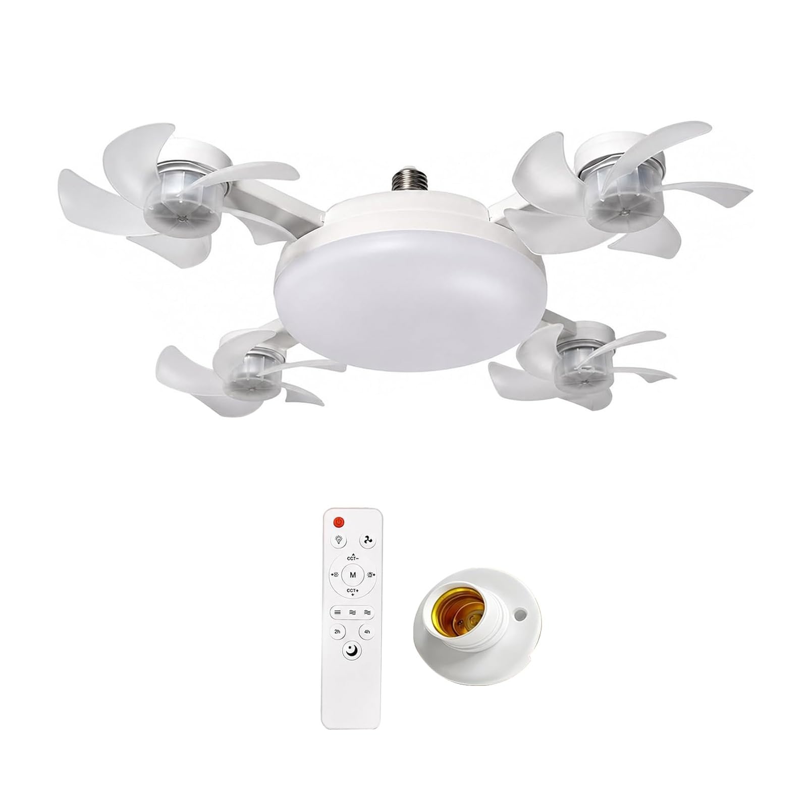 Ceiling Fan with Light and Remote Control, Foldable Blade Silent LED Fan Light, E27 Socket Fitting, 3-Speed Dimmable Lamp for Bedroom Kitchen, 40-60cm Adjustable White 4pcs B