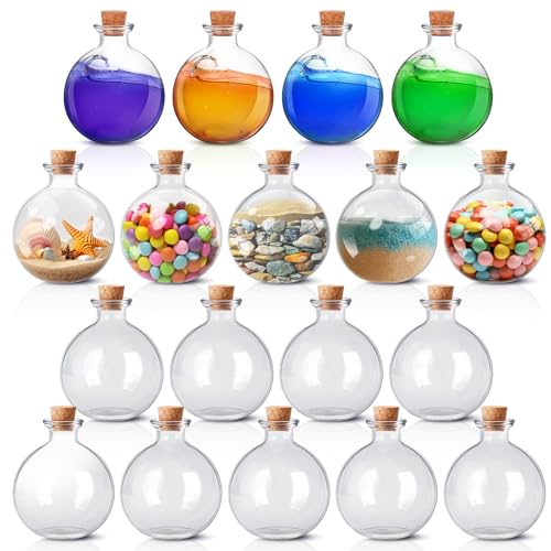 Tessco 18 Pcs 8.5 oz Potion Bottles with Cork Lids, Small Round Transparent Glass Apothecary Bottles Decorative Jar for Decorations Indoor