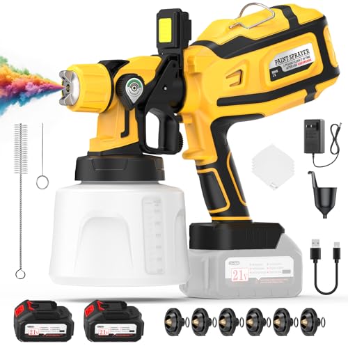 Paint Sprayer, 700W Cordless Electric Spray Paint Gun with 1400ml Container, Easy to Clean, 2×4000mAh Battery, LED Light, 3 Modes & 6 Nozzles, Paint Sprayer for House Painting Fence Wall Cabinet & DIY