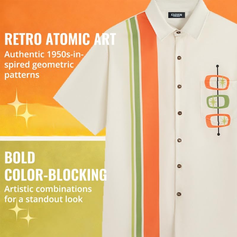 Men's Mid-Century Modern Bowling Shirt, Retro Geometric Stripes Short Sleeve Camp Shirt