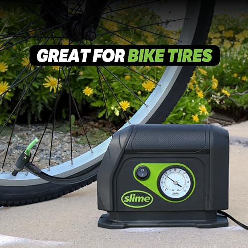 Image of Slime 40050 Tire Inflator, Portable Car Air Compressor, with Analog 100 psi Dial Gauge, Long Hose and LED Light, 12V, 8 min Inflation