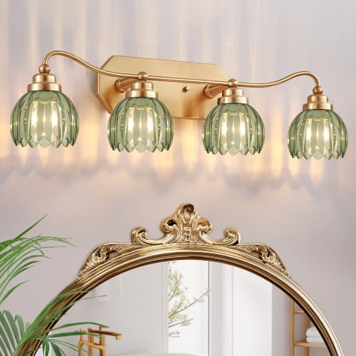 Image of Vintage Gold Vanity Lights, 4 Light Tulip Crystal, Antique Brass Finish | Brushed Gold Bathroom Light Fixtures, Green Wall Sconce Ideal for Bedroom, Living Room, E26 Compatible, Easy Install