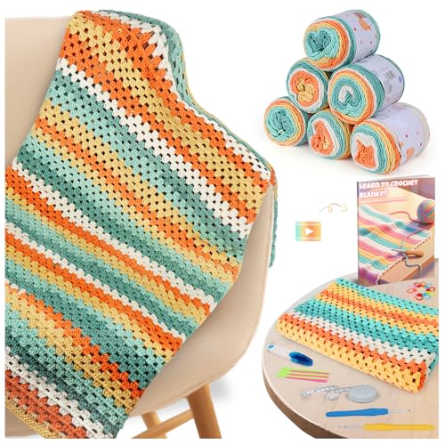 Image of Aeelike Crochet Blanket Kit for Beginners-Rainbow Granny Squares Stripe Blanket, Complete Crochet Kit for Adults w Gradient Yarn & Instructions, Easy Learn to Knit for Beginners