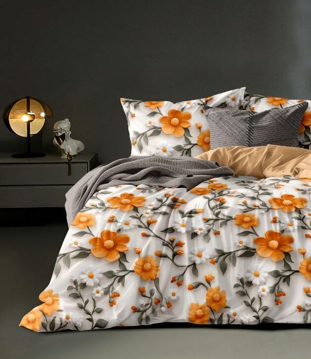 Image of DECOR2ADMIRE 300 TC Premium 7D Print Super King Size Cotton Bedsheet Set with 2 Pillow Covers | Ultra Soft 108 inch x 108 inch | Elegant Floral Designs (Amber Blossom)