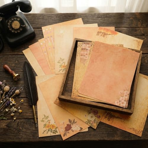 Image of HASTHIP 40 Pcs Letter Writing Paper - A4size 8 Designs Vintage Floral Decorative Handmade Paper Retro Stationery Antique Yellowish Craft Papers for Invitations, Scrapbooking, Journaling, 11.2x8.26in