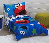 Sesame Street Awesome Buds Elmo/Cookie Monster 4 Piece Toddler Bed Set, Blue/Red/Green