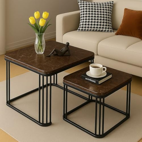 Image of Brown Art SHOPPEE Square Coffee Table Home Decor Furniture Coffee Table Sets,2 Piece MDF Top,Stacking Nesting Table with Iron Frame for Living Room Living Room or Lounge (Brown Black)