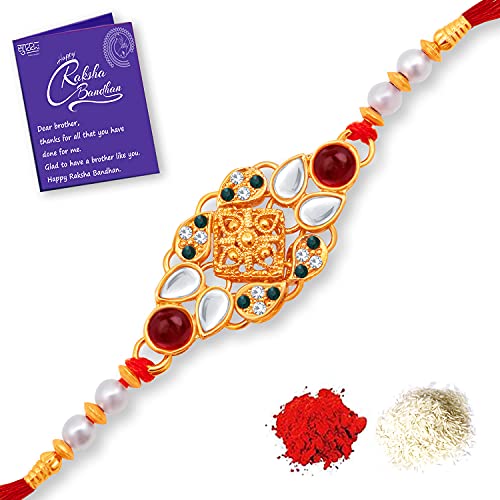 Sukkhi Rakhi Divine Kundan Designer Gold Plated Premium Rakhi for Brother With Roli Chawal & Greeting Card | Rakhi for Bhaiya | Rakhi for MEN | Kundan Rakhi | (RAK100015) (B09415DHXB) Amazon Price History, Amazon Price Tracker
