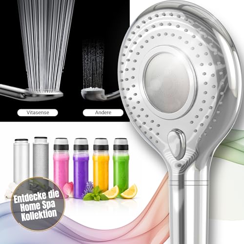 Vitasense Duschkopf mit Filter - Regendusche mit Kalkfilter, 3 Wassersparstufen, Universal Shower Head mit hoher Wasserdruck, Wassersparender Duschkopf, Shower Filter, Chroom
