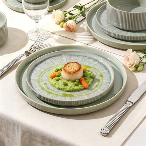 Image of Dinnerware Sets, Ceramic Plates and Bowls Set 12 Piece Dinnerware for 4 Chip Resistant Stoneware with Advanced Inkjet Printing Technology, Dishwasher and Microwave Safe-Sage Green