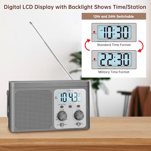 Image of DreamSky AM FM Radio Portable Shortwave Radio Battery Powered /Plug in Wall | for Home Outdoor, Strong Reception, Large Dial Easy to Use, Digital Time Display, Transistor Antenna, Seniors Small Gift