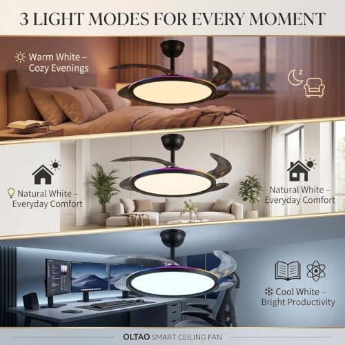 Image of oltao Zyro UltraSlim Retractable Ceiling Fan with RGB Ceiling Glow & 3-Color LED Panel Light, Summer /Winter Mode, Remote Control, 42 Inch Sweep (2026 Model) (Black Aura Glow, 42 inches)