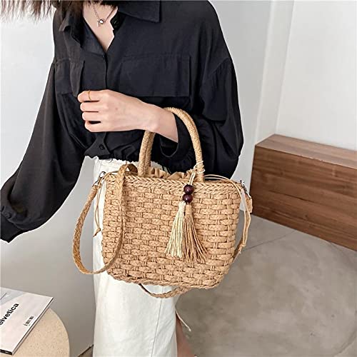 Borsa A Tracolla In Paglia Intrecciata Con Nappe, Motivo A Righe, Colori Estivi, Piccola 20x13.5 Cm, Per Spiaggia E Tempo Libero