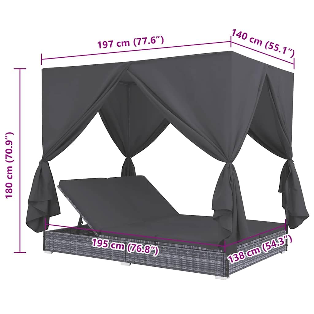 vidaXL Outdoor-Lounge-Bett mit Vorhängen Poly Rattan Grau