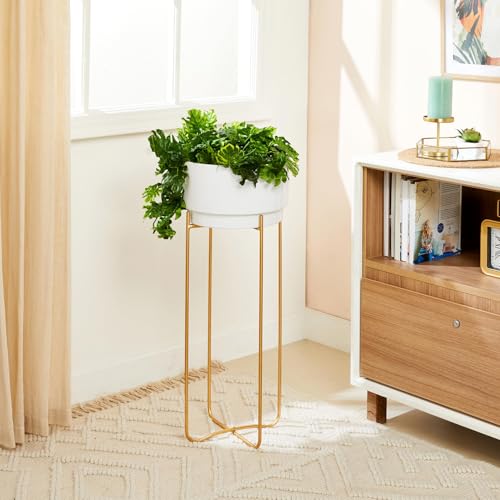 Image of amazon basics Metal Planter Flower Pot with Stand | for Home Decor | (Large) (White and Gold Finish)