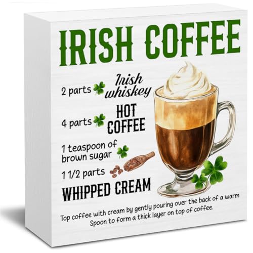 St. Patrick's Day Decorations, Irish Coffee Wooden Block Sign, Irish Coffee Decor, St. Patrick's Day Home Kitchen Decor for Desk Table Shelf, 5 X 5 Inches