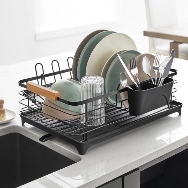 Modern Black Dish Drying Rack with Utensil Caddy and Glassware Holder – Rust-Resistant, Space-Saving Kitchen Counter Organizer