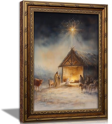 Vintage Nativity Scene Gold Framed Wall Art Birth of Jesus