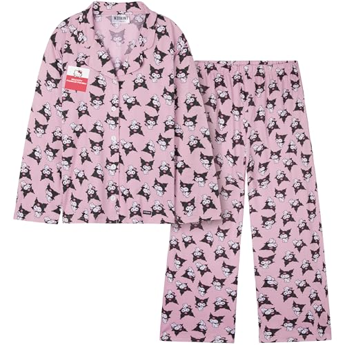 Hello Kitty Sanrio Pijama Invierno Niña y Adolescente 2 Piezas, Ropa de Dormir Kuromi con Camiseta Botones y Pantalón Largo (11-12 Años, Rosa Kuromi)