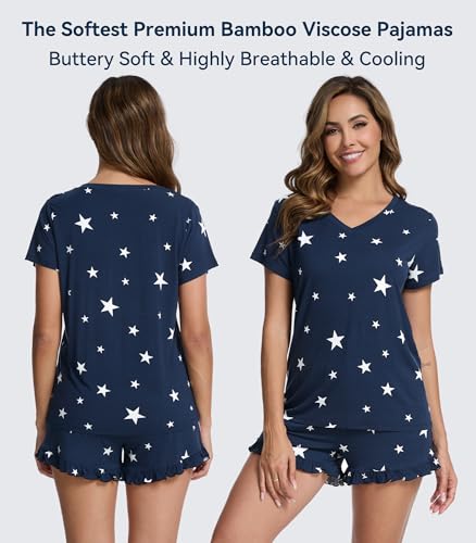 Image of WiWi Womens Pajamas Set Bamboo Viscose Super Soft Short Sleeve Top Ruffle Shorts Sleepwear Cooling Pj Sets S-XXL