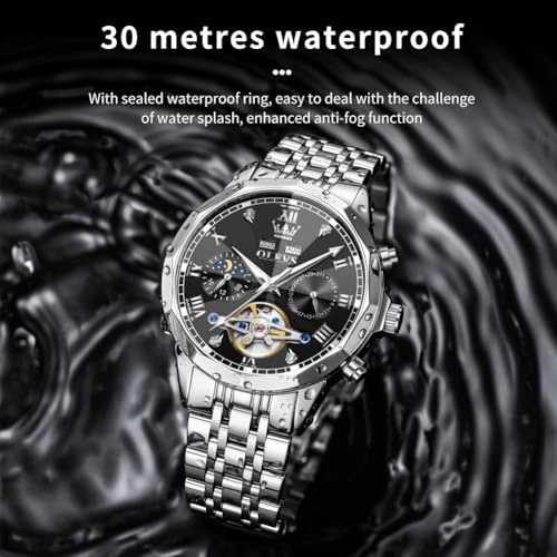 Image of OLEVS Automatic Watch for Men Original Luxury Diamond Self Winding Multifunctional Men's Watch Stainless Steel Waterproof Moon Phase Watches