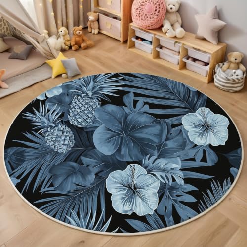 Tapis bleu lavable en machine 160cm rond antidérapant doux