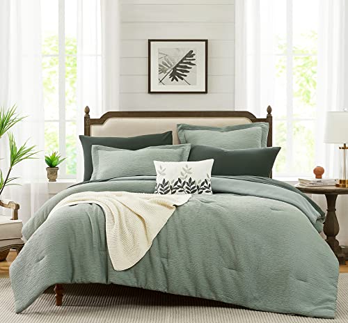 Mairêve Sage Green Comforter Set, Textured Design Minimalist Queen Size, All Season Comfortable Bedding Sets 8 Pieces With Comforters, Sheets, Pillowcases & Shams ( 90"X90") #TOP1