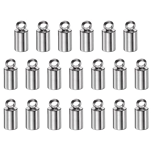 HARFINGTON 20Pcs Cord End Cap 3mm ID Stainless Steel Barrel End Caps for DIY Bracelets Necklaces Tassels, Stainless Steel Color