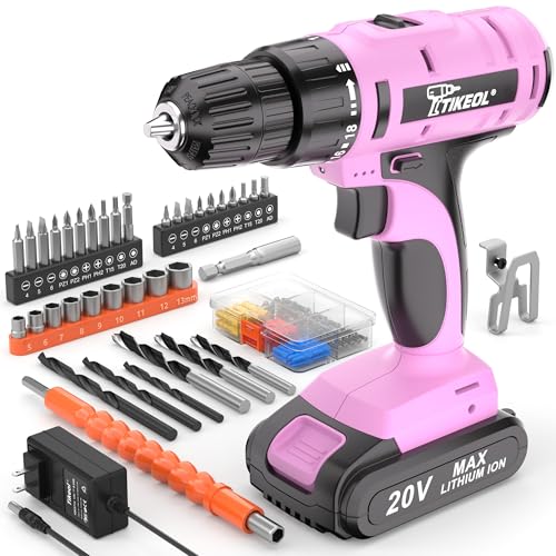 Image of TIKEOL 20V Cordless Pink Drill Set with Battery & Charger, 2-Speed Power Drill for Women, Pure Copper Motor, 250 In-lbs, 3/8" Keyless Chuck, Tool Kit for Home DIY(Pink)