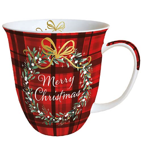 Ambiente Tasse en porcelaine - env. 400 ml - Tasse en porcelaine - Pour thé ou café, automne, hiver, Noël, plaid rouge