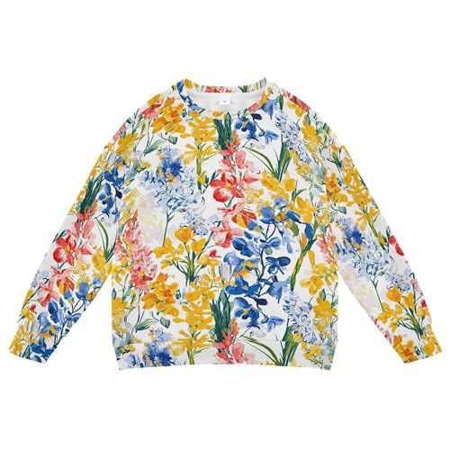 JUNZAN Watercolor Yellow Blue Flowers Big Boys Pullover Hoodie Crewneck Tops Clothing Shirts Athletic 4T