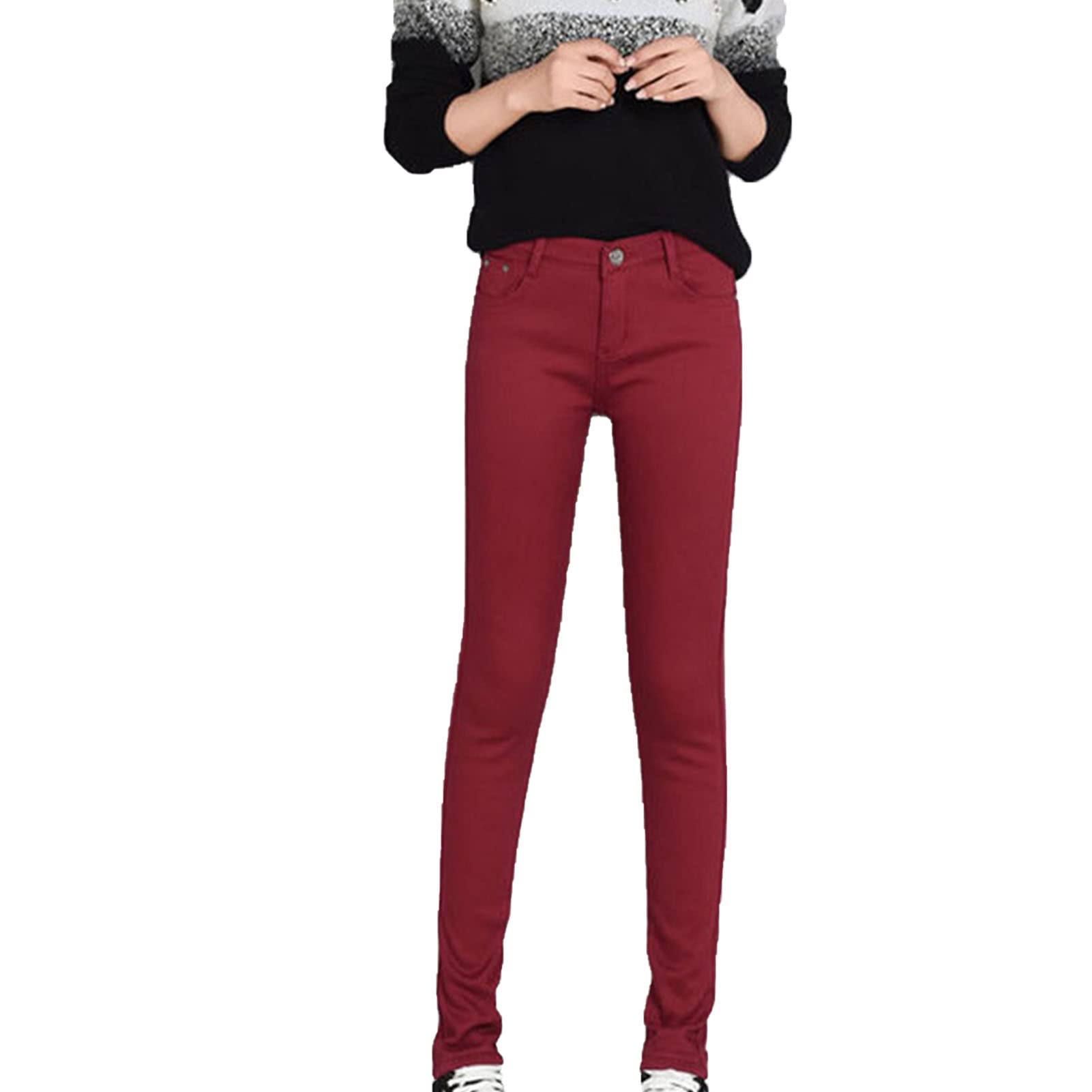 Maiyifu-GJ Women's Winter Warm Fleece Lined Jeans Slim Fit Thermal Pencil Denim Pants Skinny High Waisted Tapered Jean (Red Wine,34)