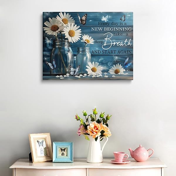 Canvas Wall Art Framed Daisy Butterfly Mason Jar Cottagecore Shabby Chic Vintage Botanical Textured Serene Calming Floral Blue Wall Decor for Bathroom Sunroom Positive Affirmation Decor 12x16 Inches by XKK - Image 2