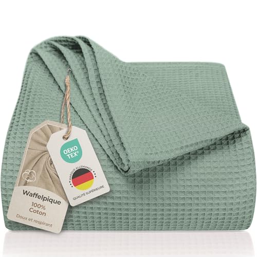 LAYNENBURG Couvre-lit piqué gaufré 100% Coton 250 g/m² – Couverture légère et aérée pour l’été, Plaid lit et canapé, Jeté de canapé, Lavable 40...