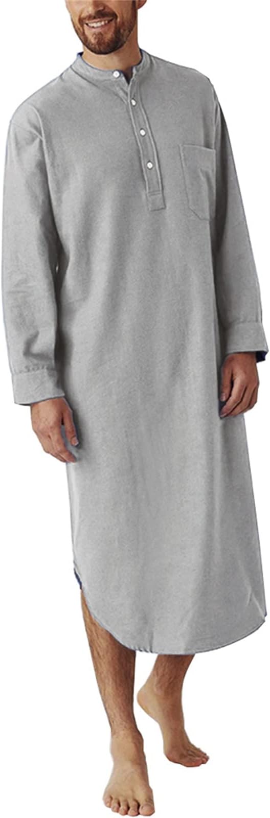 Men’s Muslim Robe V Neck Cotton Linen Blouse Button Up Kaftan Dressing Gown Long Sleeve Shirts Stand-Collar Oversize Tops Arc Hem Housecoat with Pocket