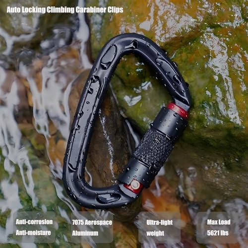 UIAA Certified 25KN Carabiner Heavy Duty, Auto Locking Carabiners Clips, 6PCS Black Carabiner for Swing, pet Traction,3.93 Inch D Shaped, Large Size