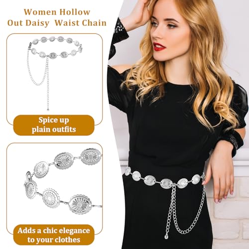 Western Belts for Women, Cowgirl Boho Concho Chain Waist Belt, Silver Adjustable Daisy Sweater Belt for Country Concert Dresses Jeans4