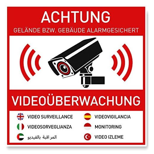 7 x Aufkleber Videoüberwachung (10 x 10 cm) - Sticker für mehr Sicherheit - Rückseite Geschlitzt - Achtung Videoüberwachung - Warnhinweis - Videoüberwachung Aufkleber Mehrsprachig (10x10cm)