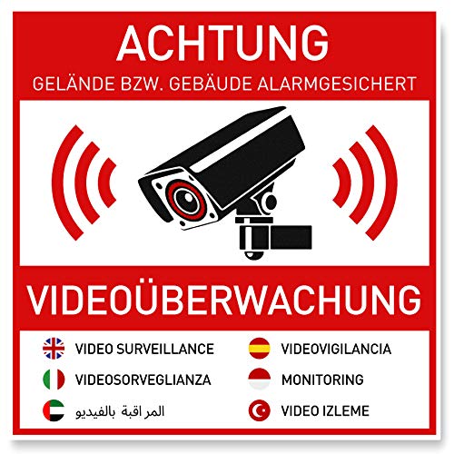 7 x Aufkleber Videoüberwachung (10 x 10 cm) - Sticker für mehr Sicherheit - Rückseite Geschlitzt - Achtung Videoüberwachung - Warnhinweis - Videoüberwachung Aufkleber Mehrsprachig (10x10cm)