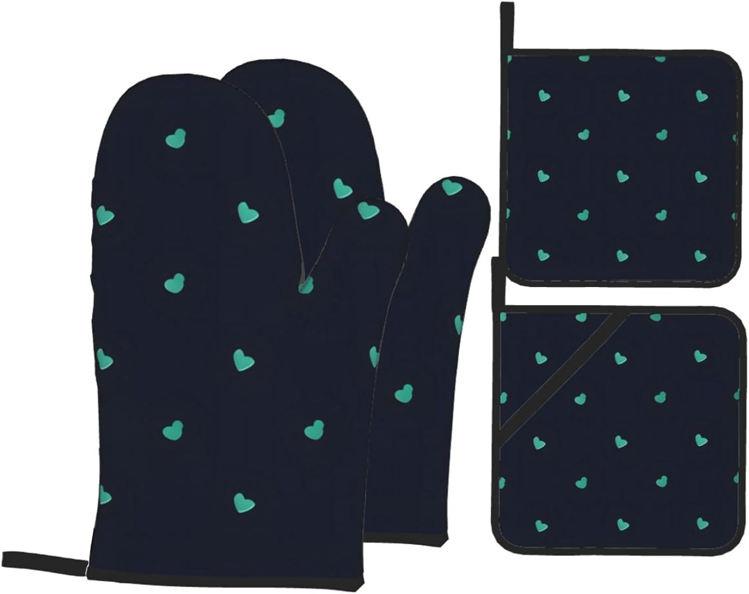 Lovely blue background Oven gloves and heat-resistant mat 4-piece set. Suitable for grilling, microwave oven frying, and baking
