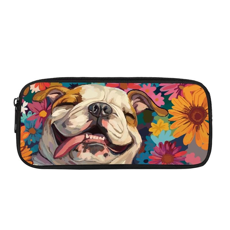 Kuiaobaty English Bulldog Flowers Pencil Case for Girl, Painting Kawaii Puppy Floral Pencil Pouch School Supplies Storage Pouch Pen Case — image 1