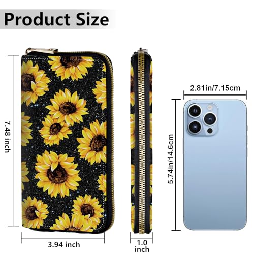 Image of Women's Wallets,Credit Card Holder Money Leather Long Wallet with Wristlet,Large Capacity with Zip-Around Phone Purse for Women Ladies Girls,Glitter Sunflower