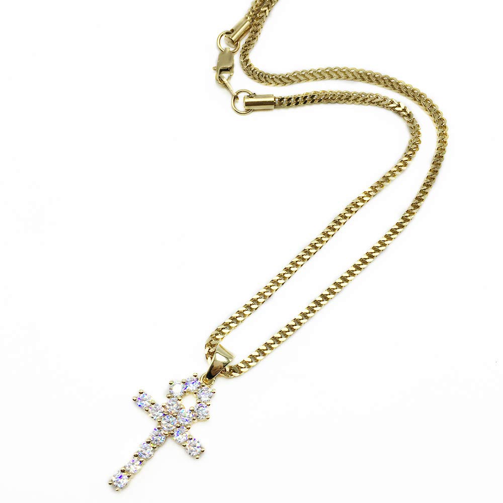 iced Out Bling AAA cz ankh Pendant Necklace for Woman Men with 2.5mm 24'' Franco Chain Gold Plated Stainless Steel