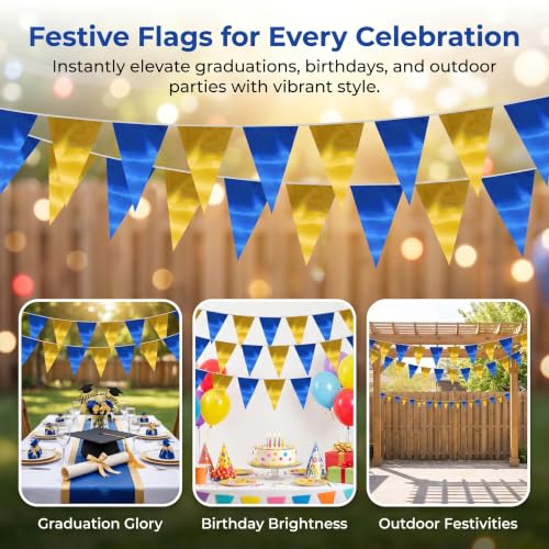 Image of 130FT Navy-Blue Gold Triangle Pennant Banner Flag Metallic Fabric Bunting Garland for Christmas Graduation Retirement Birthday Wedding Bridal Shower Nautical Ahoy Achor Party Decorations Supply