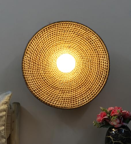 Image of AKWAY Rattan Wall Lamps for Living Room | Bamboo Wall Lights for Bedroom | Cane Wall scones for Home Decoration (Cane Big Saucer - Brown)