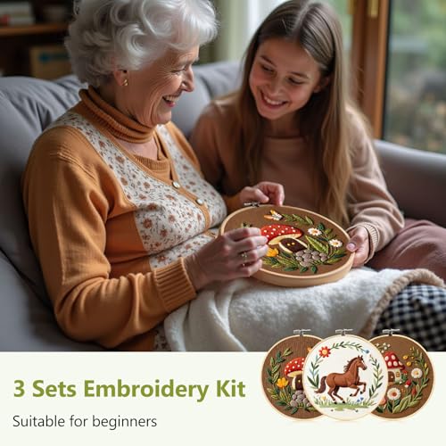 Image of Santune 3 Pack Embroidery Kit Cross Stitch Needlepoint Kits for Beginners Adult Needle Point Sets with Mushroom & Horse Embroidery Patterns, Includes Step-By-Step Instructions & Accessories