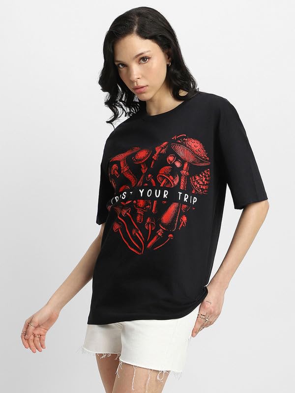 Image of JUNEBERRY Pure Cotton Oversized Fit Drop Shoulder Stylish & Front & Back Graphic Printed Round Neck T-Shirt Combo for Women (Pack of 2)